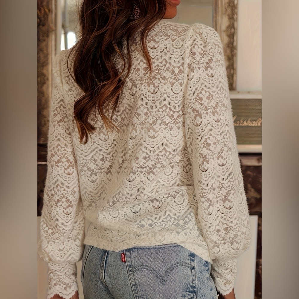 Source Unknown Cream Lace V-Neck Long Sleeve Blouse - Picture 4 of 4